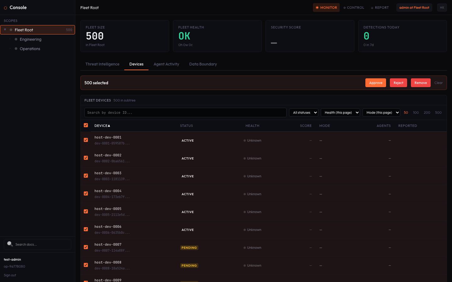 Fleet Console bulk selection, select all 500 devices for batch operations