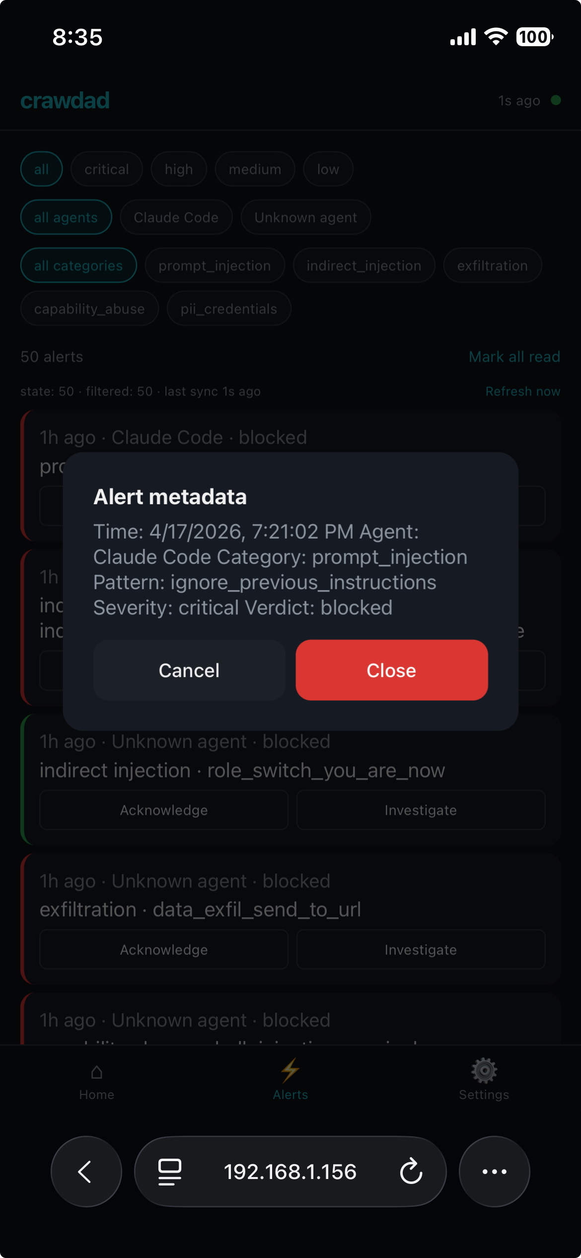 Mobile alerts screen with severity, agent, and category filters