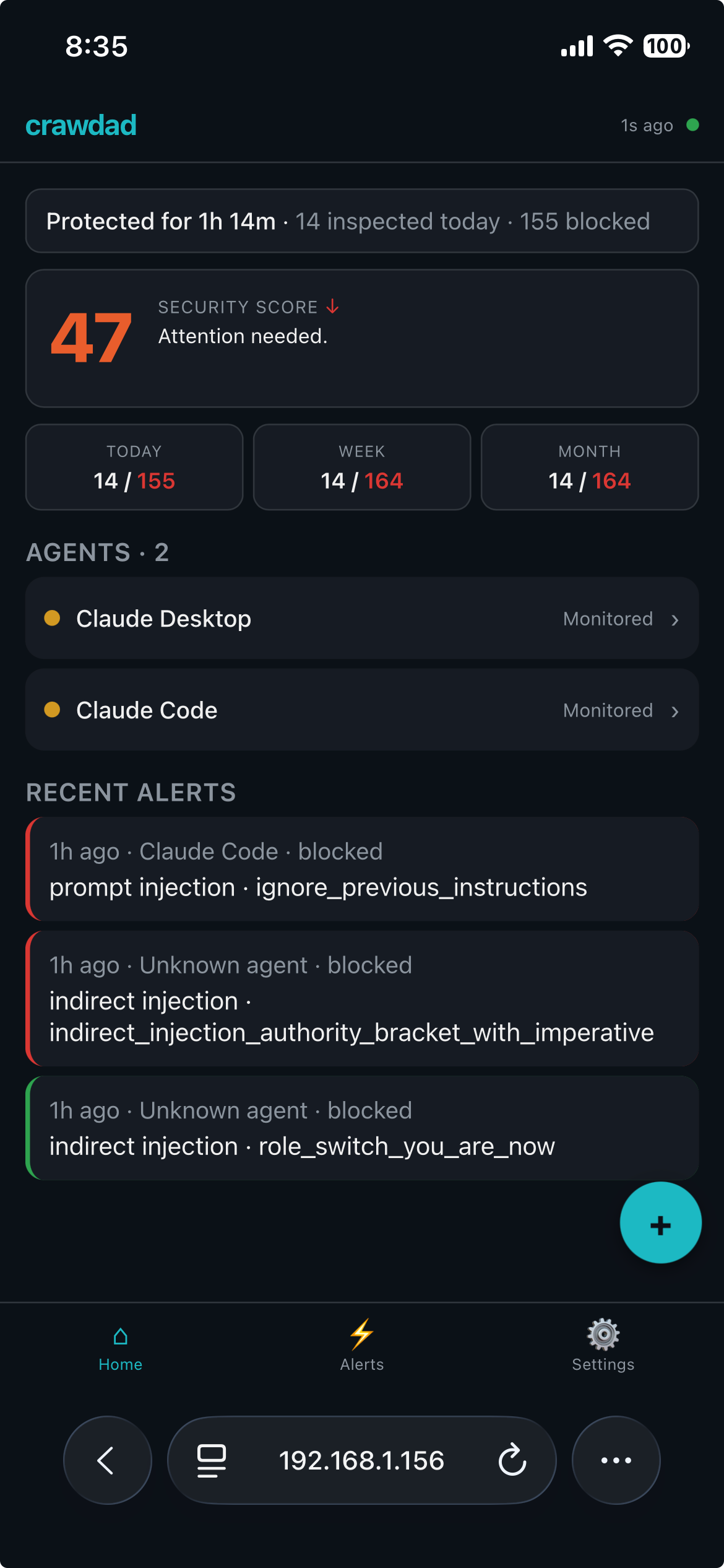 Paired phone home screen showing health bar, security score, and agents list