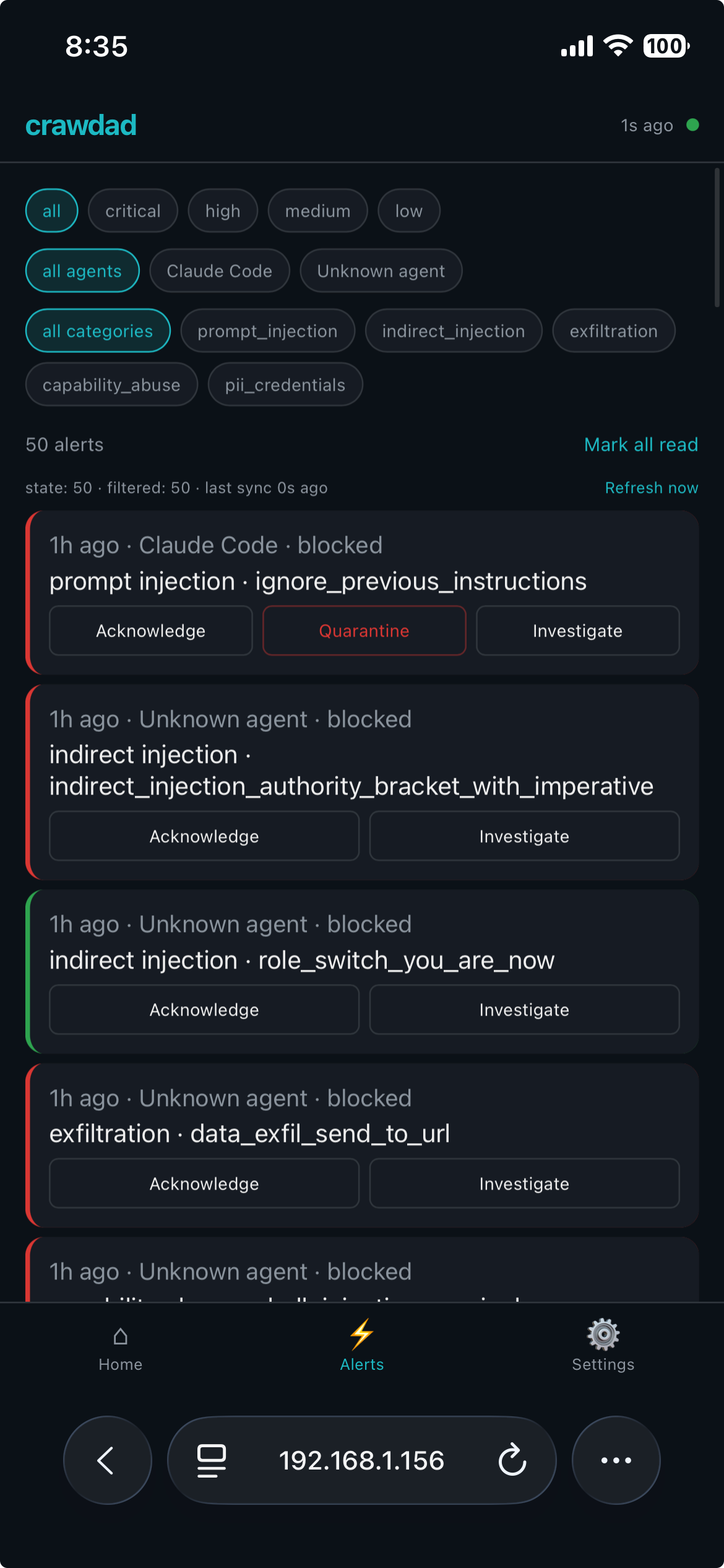 Mobile Investigate modal showing detection metadata only — no prompts, no content